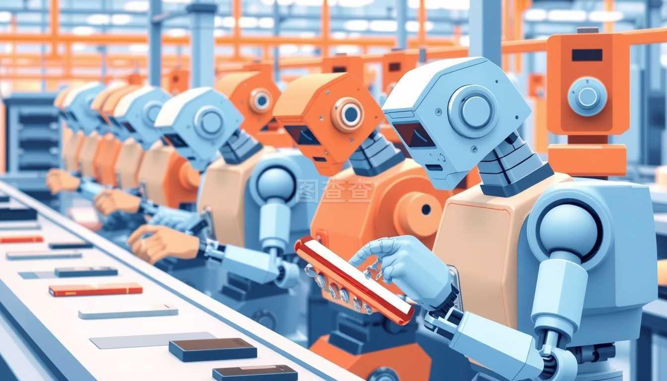 現(xiàn)代工廠生產(chǎn)線抽象方案,專(zhuān)用機(jī)械機(jī)器人制造和包裝智能手機(jī)的彩色矢量圖?，F(xiàn)代工廠生產(chǎn)線抽象方案